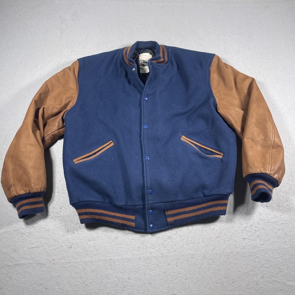 Butwin Varsity Jacket Men Large Regular Navy Blue Tan Leather Sleeve Vintage 90s - Picture 2 of 11